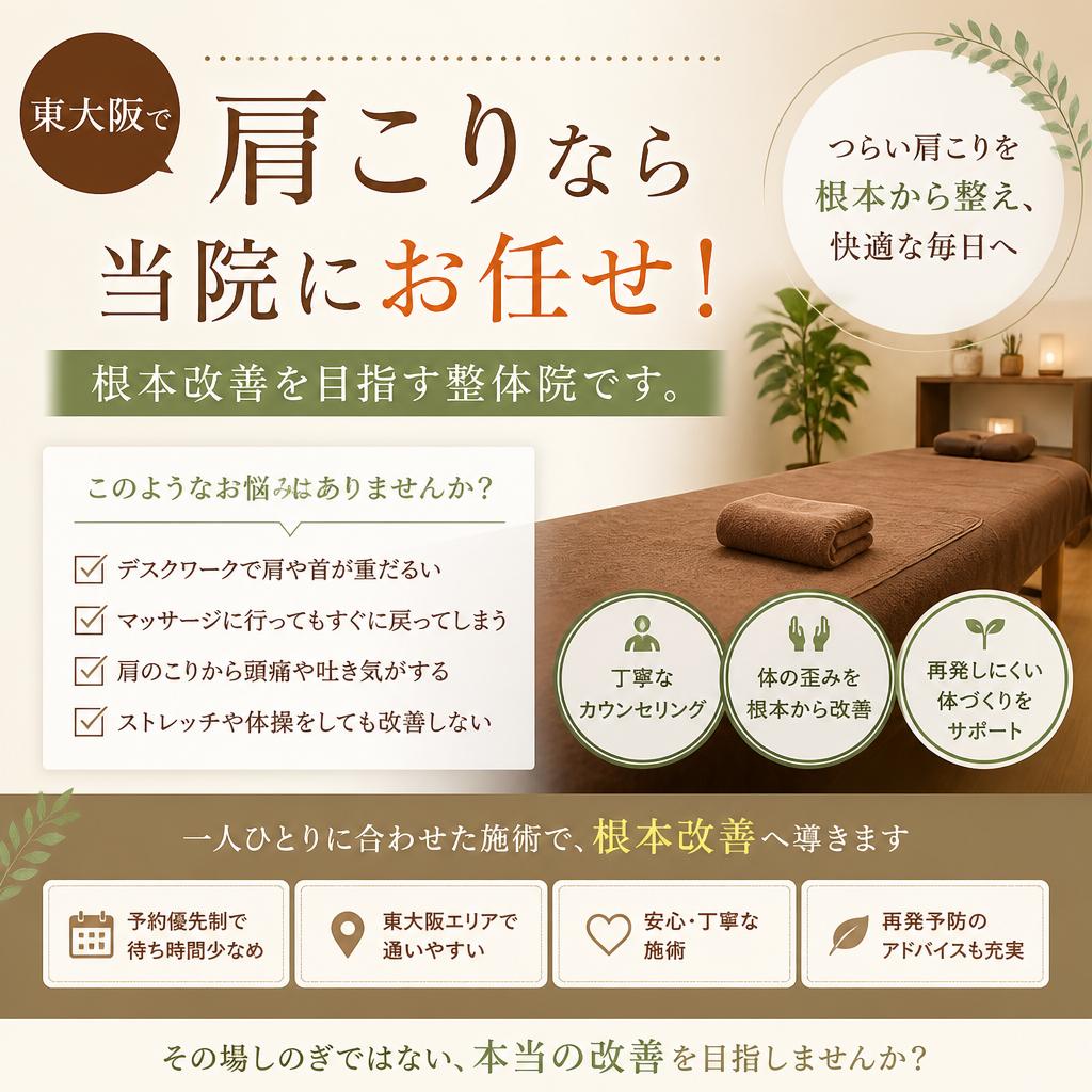 東大阪で肩こりなら当院にお任せ！根本改善を目指す整体院です。