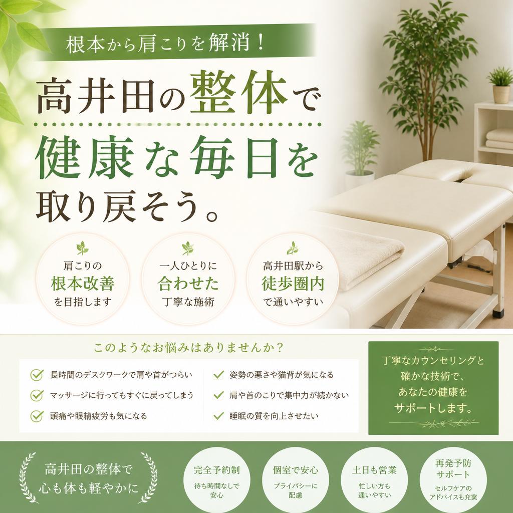 根本から肩こりを解消！高井田の整体で健康な毎日を取り戻そう。