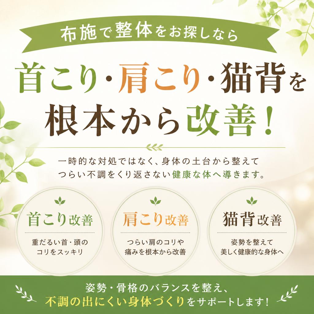 布施で整体をお探しなら、首こり・肩こり・猫背を根本から改善！