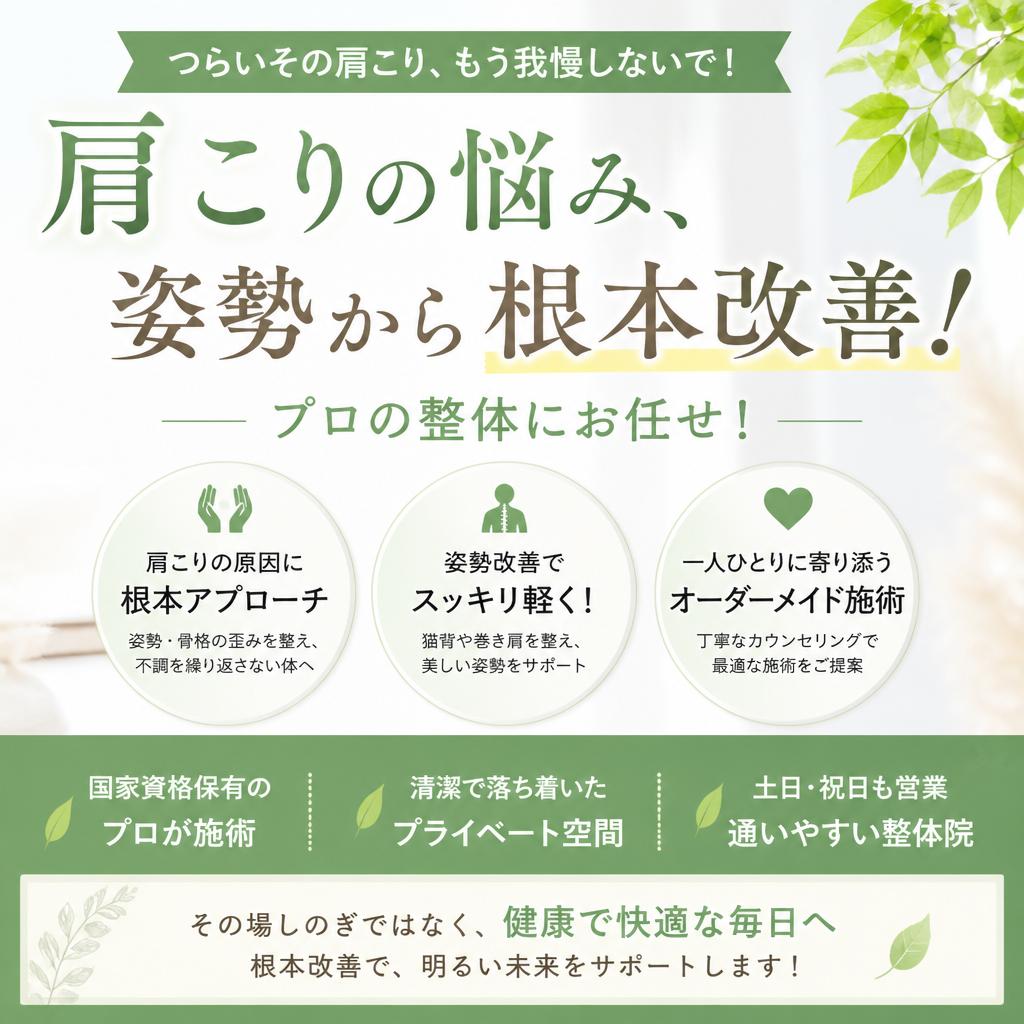 肩こりの悩み、姿勢から根本改善！プロの整体にお任せ！