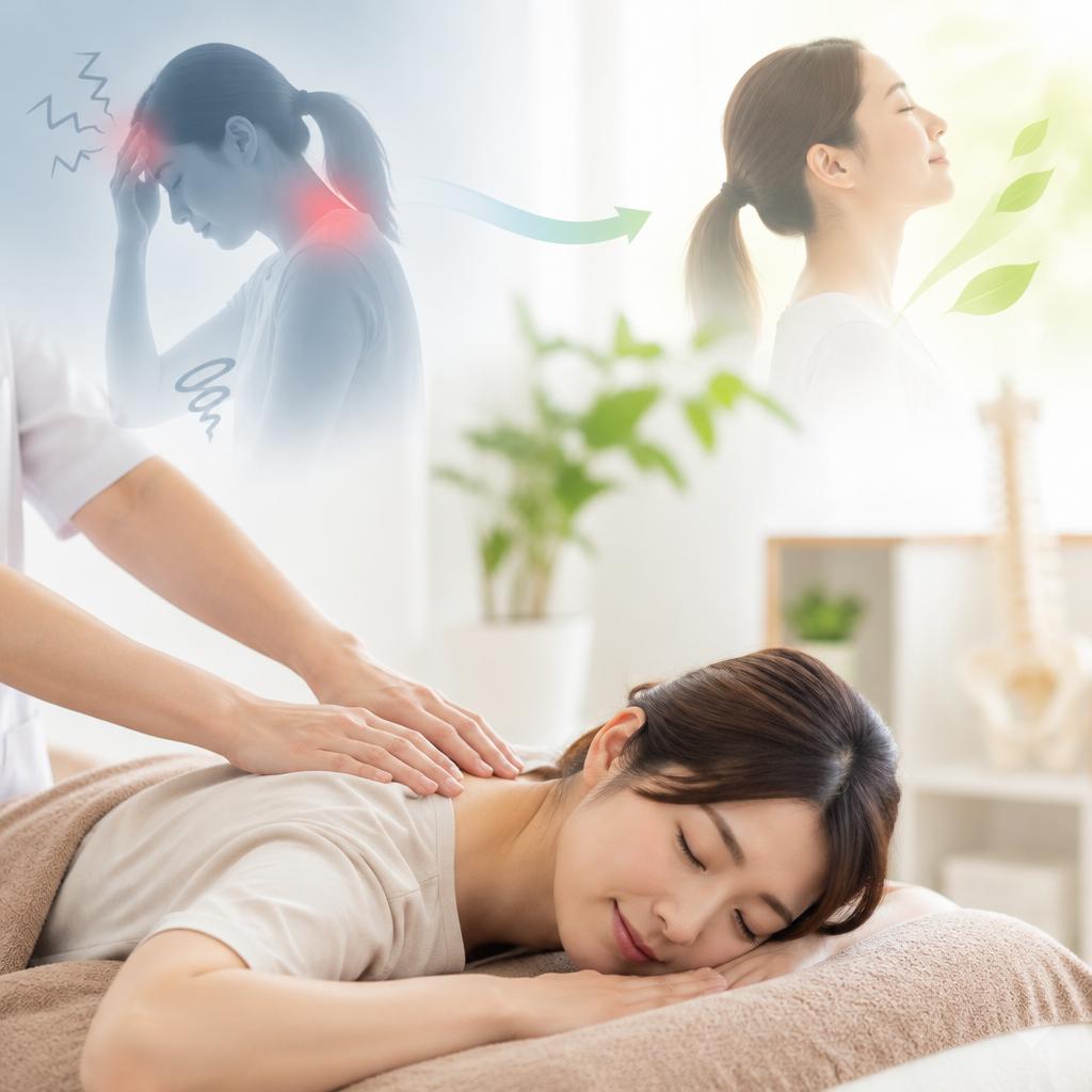 肩こりからくる偏頭痛や吐き気に、ひとりで悩まないで。姿勢のプロが原因を一緒に確かめ、あなたに合わせたやさしい施術で、軽やかな毎日を目指します。